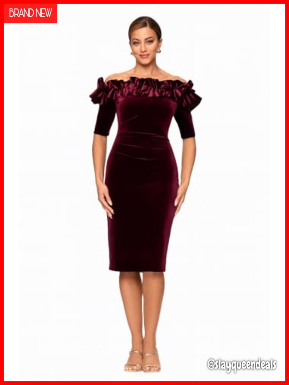 Velvet Off Shoulder Ruffle Neckline Knee Length Sheath Dress